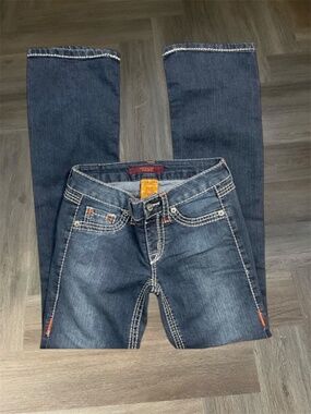 Domaine Embellished‎ Bootcut Low Rise Contrast Stitch Jeans Womens XS Dark Wash